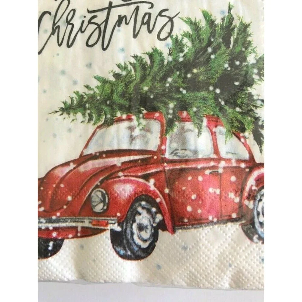 VW Bug Car Christmas Tree Red Paper Napkins Lunch Dinner 40 Ct 6.5x6.5